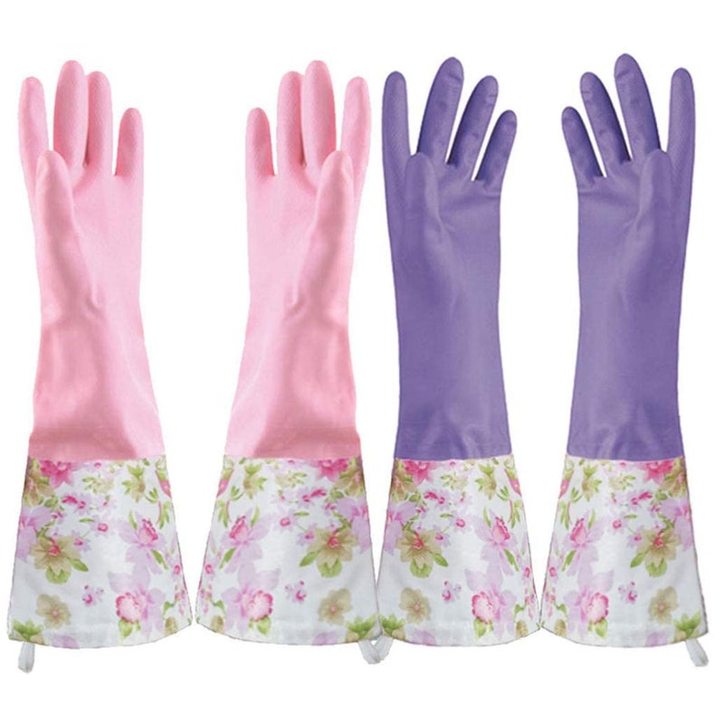 KINGFINGER 2 Pairs Latex-Free Reusable Dishwashing Gloves,PVC Waterproof Long Cuff and Flock Lining Household Cleaning Gloves,for Kitchen & Bathroom Cleaning, Large - Image 1